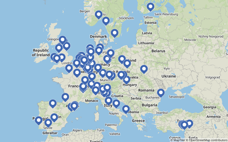 A map displaying all Polymers projects in Europe