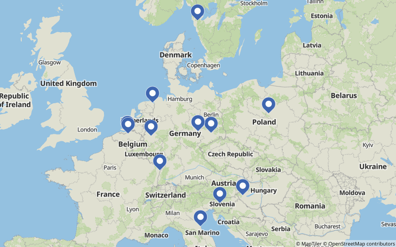 A map displaying all Rubber projects in Europe