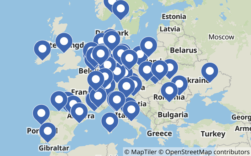 A map displaying all Sodium hydroxide plants in Europe